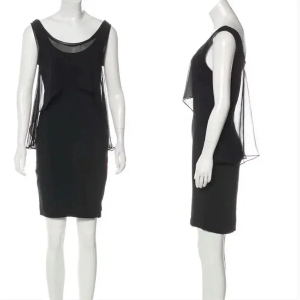 ELIZABETH‎ AND JAMES Black Sheath Dress Lamb Leather Trim Chiffon Overlay XS